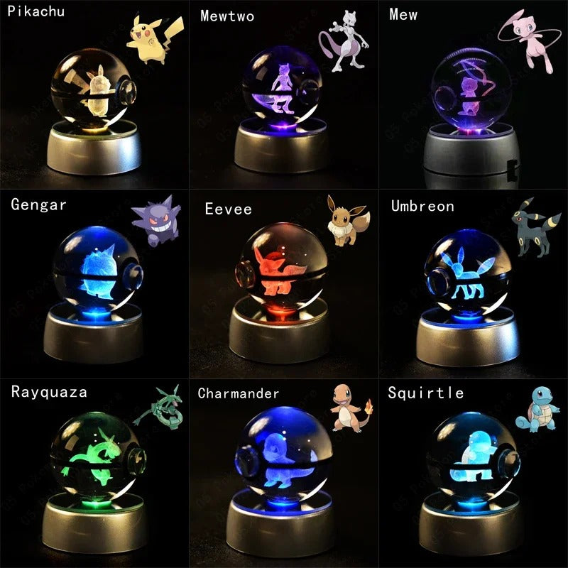Lampara Pokeballs de cristal con luz Led RGB